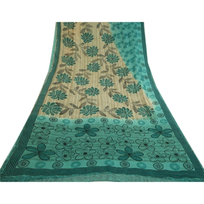 Sanskriti Vintage Green Pure Georgette Silk Sarees Printed Sari 5Yd Craft Fabric, PRG-1703