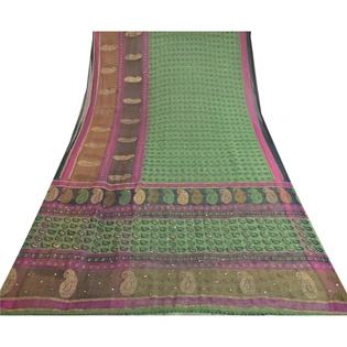 Sanskriti Vintage Green Sarees Hand Beaded Georgette Printed Painted Sari Fabric, PRG-11381