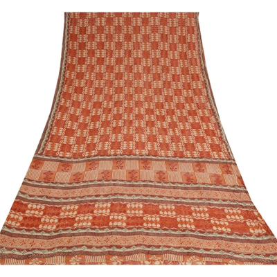 Sanskriti Vintage Rusty Orange Sarees Pure Georgette Silk Printed Sari Fabric, PRG-9197