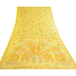 Sanskriti Vintage Lemon Green Georgette Sarees Printed Sari Floral Craft Fabric, PRG-10642