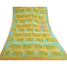 Sanskriti Vintage Green Hand Beaded Sarees Pure Georgette Silk Print Sari Fabric, PRG-10508