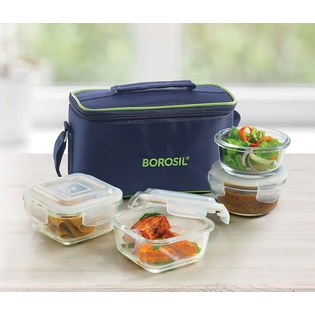 Borosil Glass Universal Lunch Box Set of 4, (2pcs 320 ml sq. + 2pcs 240 ml Round) Microwave Safe Office Tiffin