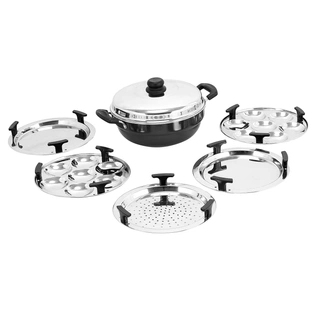 Vinod Hard Anodized 6 pcs Multi Kadai (Induction Friendly) with stainless steel lid, 2 idli plates, 2 dhokla plates and 1 patra plate