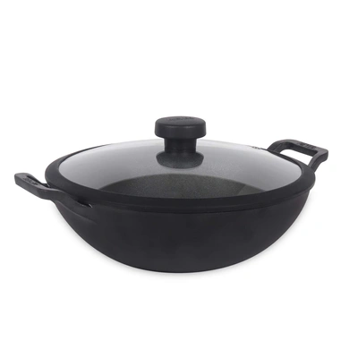 Meyer Pre Seasoned Cast Iron Deep Kadai, 20cm Black with Glass Lid(48187)