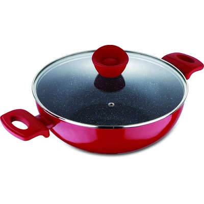 BERGNER - BG-31266-RD Bellini+ Pressed Aluminium Non-Stick Kadhai with Glass Lid, 26 cm, 4.5 Liters, Induction Base, Red