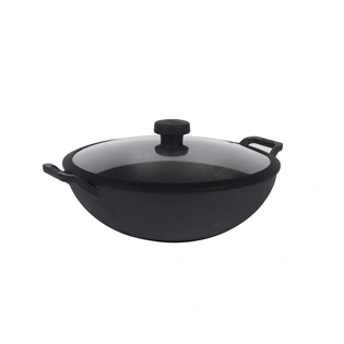 Meyer Pre Seasoned Cast Iron 24cm Deep Kadai, Black