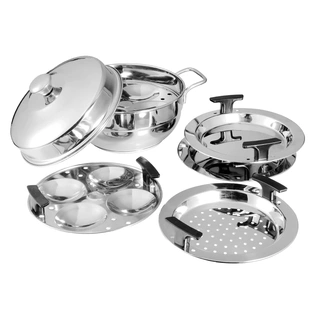 Vinod Gen - Z Multi Kadai 6 pcs Comes with Stainless Steel Lid, 2 Idli Plates, 2 Dhokla Plates and 1 Patra Plate - Silver (Induction and Gas Stove Friendly, Stainless Steel)