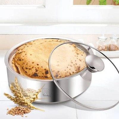 NanoNine Roti Saver / Roti Casserole Double Wall Insulated Stainless Steel Serve Fresh Chapati Pot with Glass Lid, Small