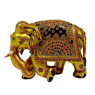 Handmade Wooden Golden Painted Elephant Statue