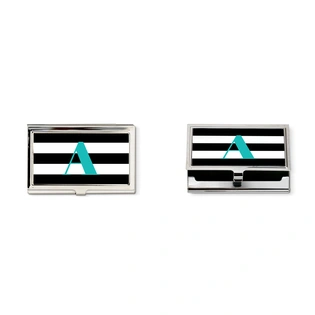 Black &white striped and turquoise monogram business card holder