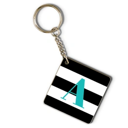 Black &white striped and turquoise monogram keychain