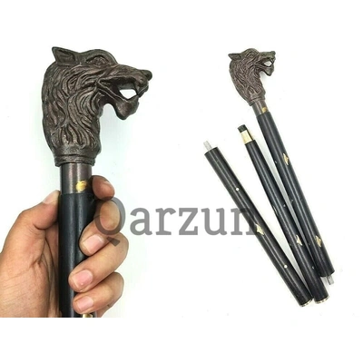 Antique Finish Metal Wolf Head Handle Wooden Walking cane-Walking Stick-Cane 3 Part Open Accessories Spare Part GIFT