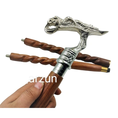 Metal Designer Dragon Silver Handle Cane Head Handle Wooden Walking cane-Walking Stick-Cane 3 Part Open Accessories Spare Part GIFT