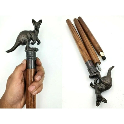 Antique Finish Metal Kangaroo Head Handle Wooden Walking cane-Walking Stick-Cane 3 Part Open Accessories Spare Part GIFT