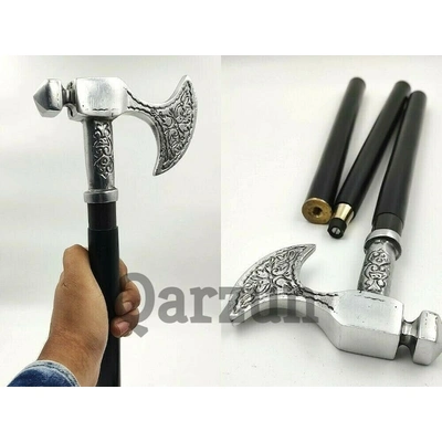 Silver Finish Metal Axe Head Handle Wooden Walking cane-Walking Stick-Cane 3 Part Open Accessories Spare Part GIFT