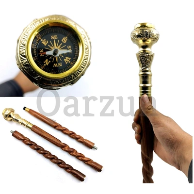 Compass Gentleman's Walking Stick, 36 Inch, Brass Handle and Hardwood Cane, Victorian Handle Designer Antique Wooden Compass Stick Gifts