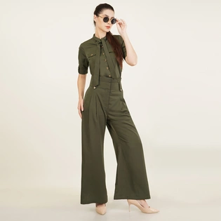 Olive Green Coordinate Set Wide-Leg Trouser & Tie-Neck Blouse