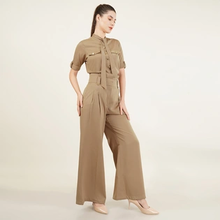 Beige Coordinate Set Wide-Leg Trouser & Tie-Neck Blouse