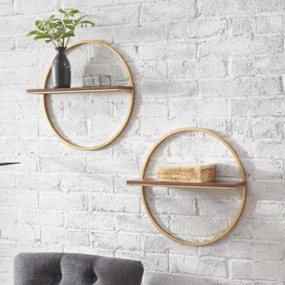 Wood and Gold Metal Wall-Mount Round Floating Shelf (Set of 2) 15 x 15 x 4