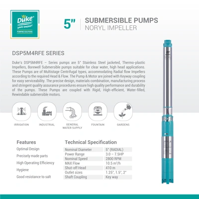 Duke 5" Submersible Pumps with Noryl Impeller, Stainless Steel, and Cast Iron