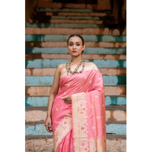 Baby Pink Pure Katan Belbooti with Meena Border Banaras Handloom Saree