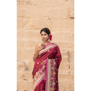 Pure Katan Kadhiyal Booti Silk Saree with Meena Border | Banaras Craftsmanship