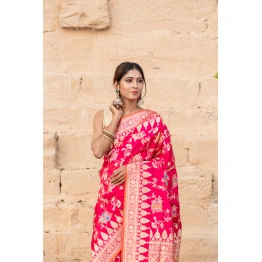 Pure Katan Kadhwa Meenakari Jangla Alfi Banaras Handloom Saree