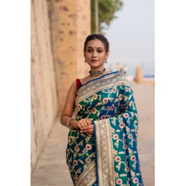 Pure Katan Jangla Menakari Cutwork Alfi Banarasi Handloom Saree