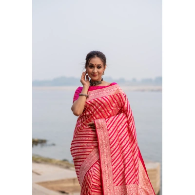 Pure Banarasi Katan Cutwork Ada Stripe Handloom Saree