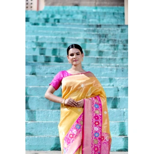 Yellow & Pink Pure Katan Tissue Banaras Handwoven Saree