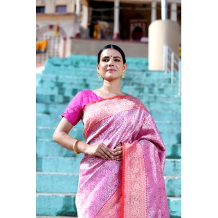 Pink Pure Katan Tanchui Banaras Handwoven Saree