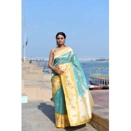 Light Blue & Yellow Pure Katan Katan Tissue Banaras Handwoven Saree