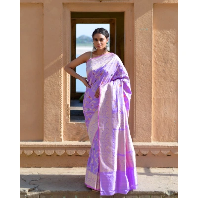 Light Pink Pure Katan Kadhiyal Ektara Jangla Banaras Handloom Saree