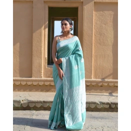 Powder Blue Pure Tussar Georgette Banaras Handloom Saree