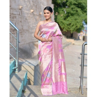 Pink Rungkaat Pure Katan Kadhiyal Banaras Handloom Saree