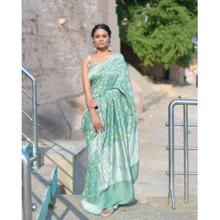 Light Green Pure Tussar Georgette Banaras Handwoven Saree