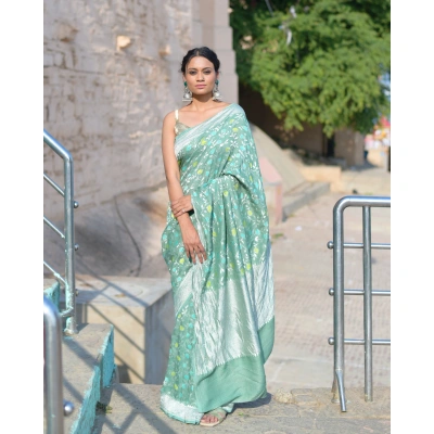 Light Green Pure Tussar Georgette Banaras Handwoven Saree