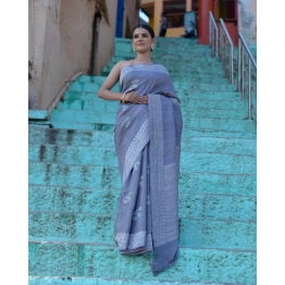 Bluish Gray Pure Tussar Georgette Banaras Handloom Saree