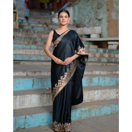 Black Pure Mashru Plain Kadhiyal Border Banaras Handwoven Saree