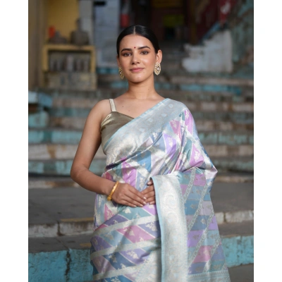 Steel Grey Rungkaat Pure Katan Banaras Handwoven Saree