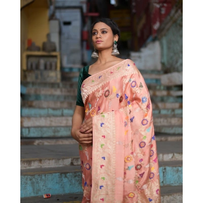 Peach Pink Mashru Menakari Kadhiyal Jangla Banaras Handloom Saree