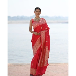 Red Pure Mashru Kadhiyal Booti Banaras Handloom Saree