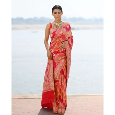 Red Rungkaat Pure Katan Kadhiyal Banaras Handloom Saree