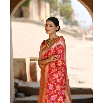 Red Pure Katan Kadhiyal Jangla Banaras Handloom Saree