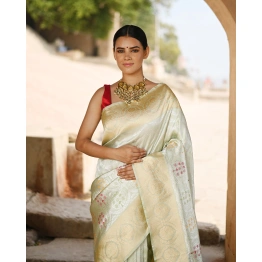 Greenish White Pure Katan Kadhiyal Jangla Banaras Handloom Saree