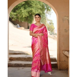 Dark Pink Pure Katan Kadhiyal Jangla Ada Banaras Handloom Saree