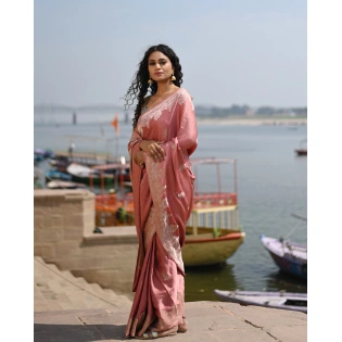 Peach Pink Mashru Kadhiyal Boota Banaras Handloom Saree