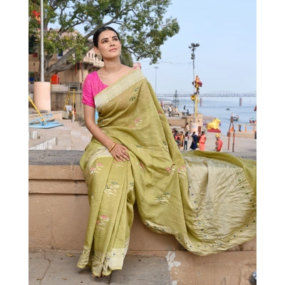 Mahendi Green Pure Tussar Georgette Banaras Handloom Saree