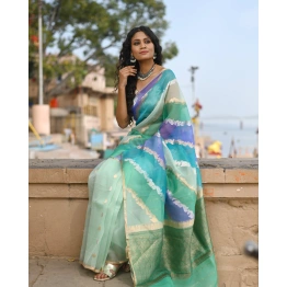 Sea Green Pure Kora Tissue Rungkaat Banaras Handloom Saree