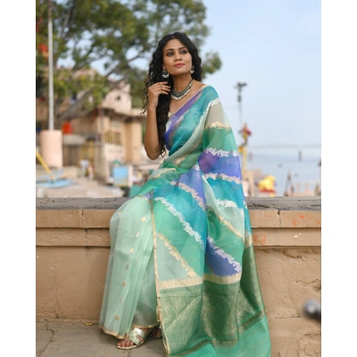 Sea Green Pure Kora Tissue Rungkaat Banaras Handloom Saree